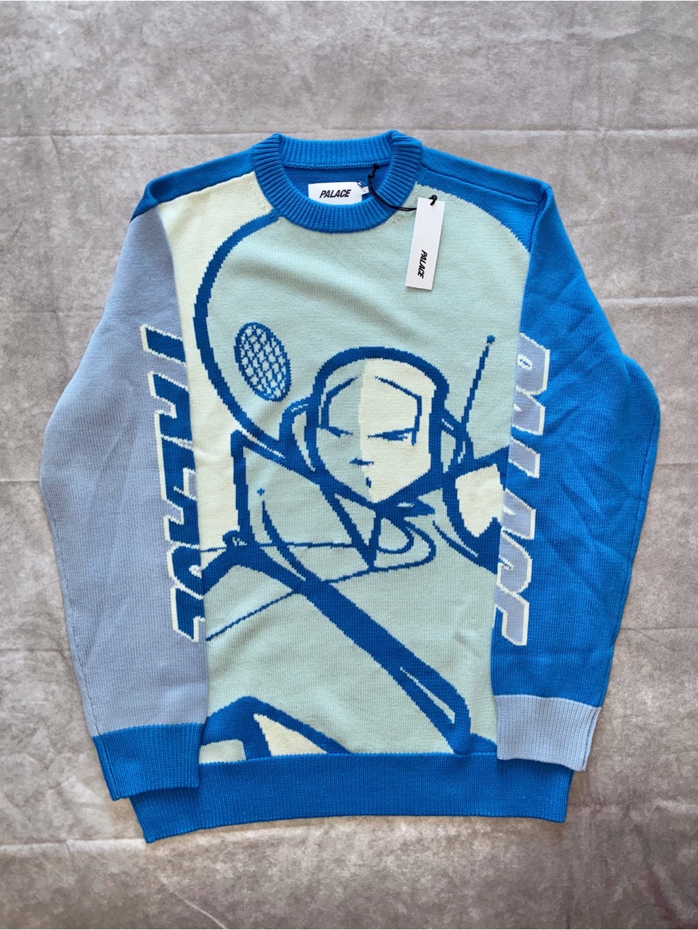 PALACE Blue Graphic Crewneck Sweater with Light Blue Panels